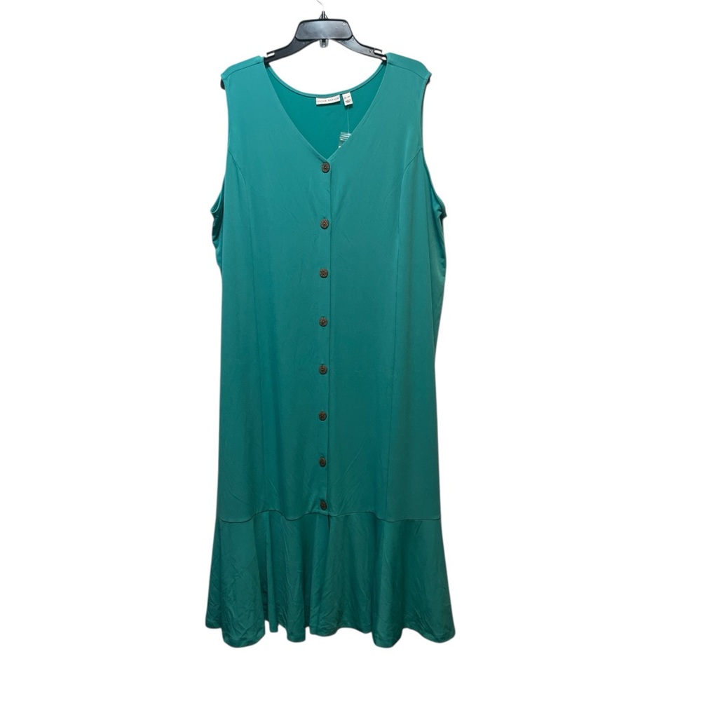 Susan Graver Dress Womens 4XP Teal Liquid Knit Sleeveless Button Front Ruffled